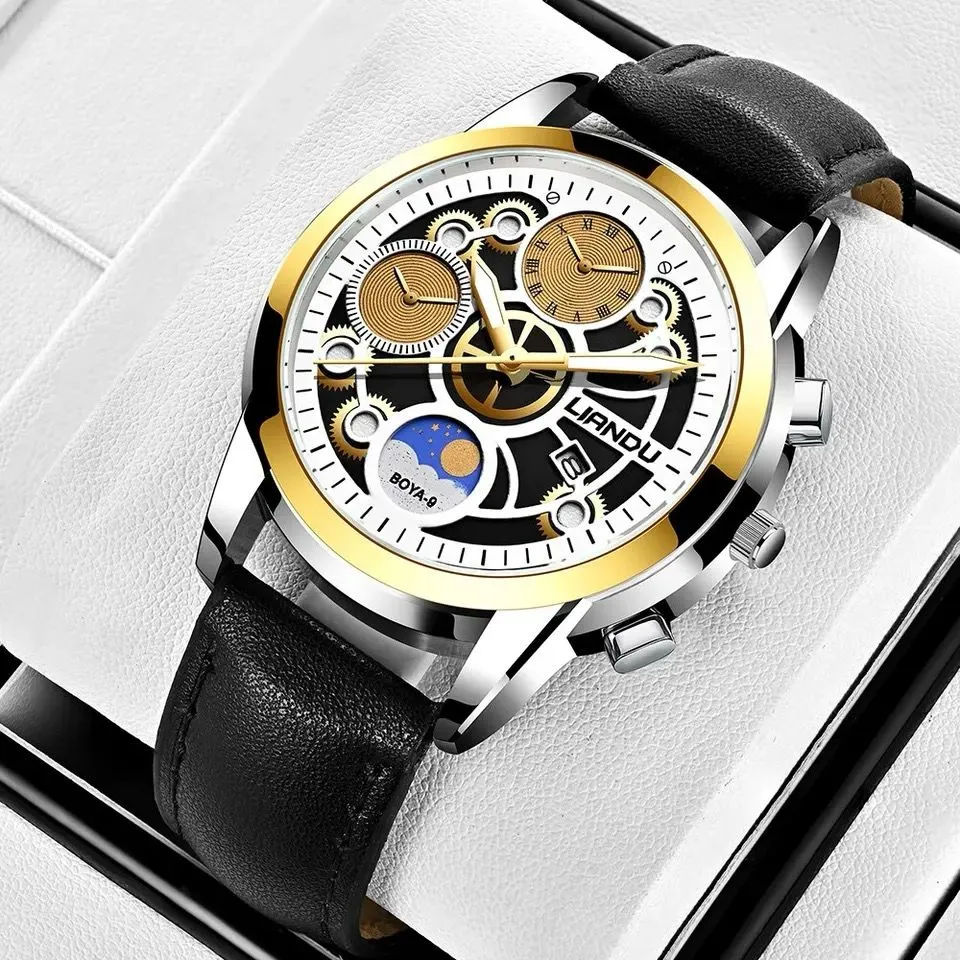 Reloj De Pulsera Deportivo Para Hombre  Cronógrafo De Cuarzo Y Cuero Con Esfera Mecánica De Lujo